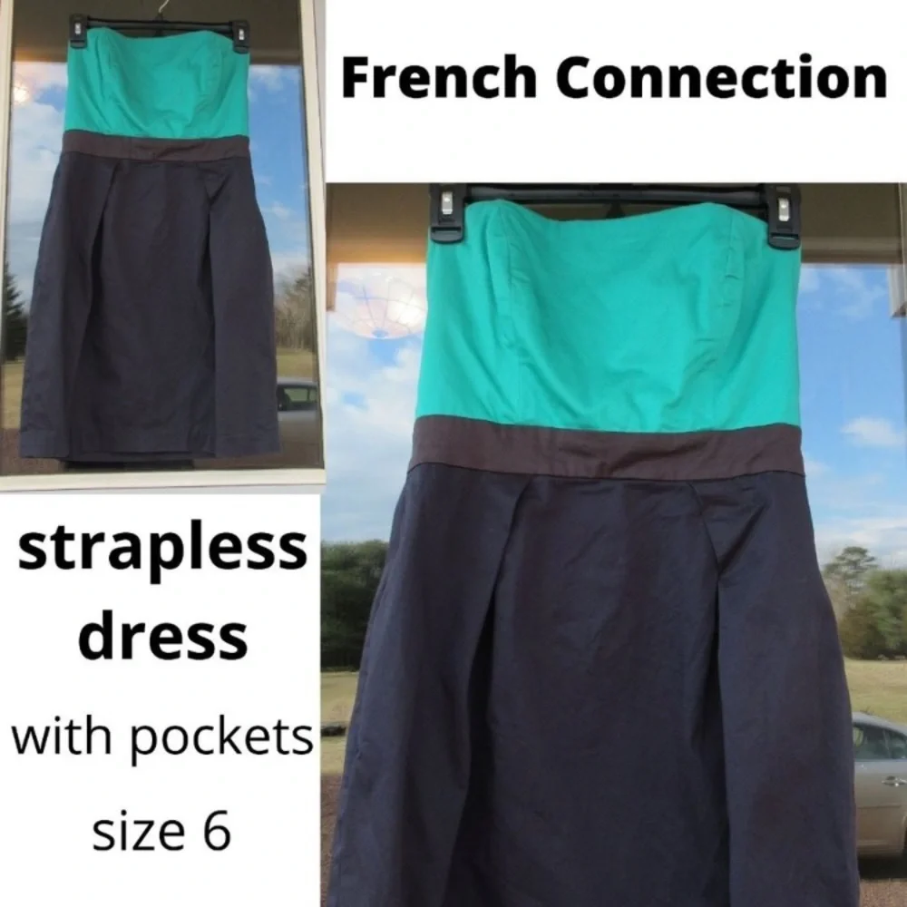 French Connection dress strapless with pockets color block office 6 - Picture 4 of 12